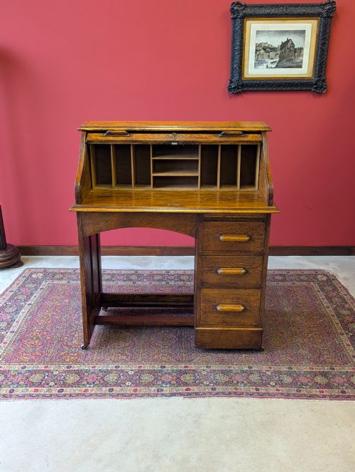 fig 1. Antique Early 20th Century Golden Oak Roll Top Desk