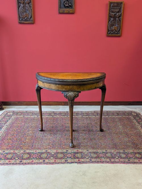 1930’S Burr Walnut Fold Over Demilune Card Table
