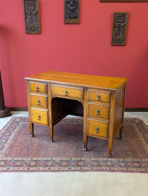 Antique Edwardian Golden Oak Kneehole Writing Desk