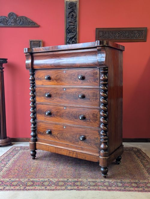 fig 1. Antique Edwardian Flame Mahogany Scotch Chest of Drawers