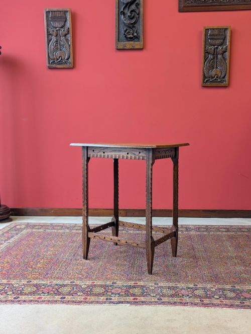 ANTIQUE 19TH CENTURY ARTS CRAFTS MOVEMENT CARVED GOLDEN OAK OCCASIONAL TABLE - ADDITIONAL PHOTO 5