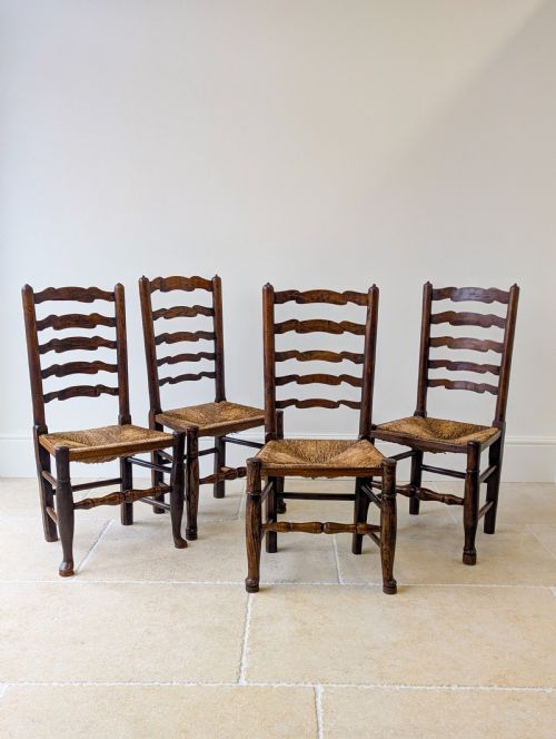 fig 1. Set of Four Antique Georgian Oak Ladderback Dining Chairs c.1800