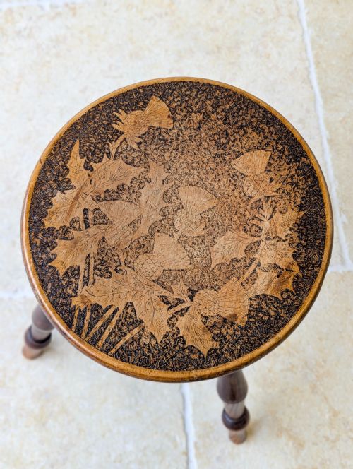 fig 1. Antique Late Victorian Beech and Ash Pokerwork Stool c.1890