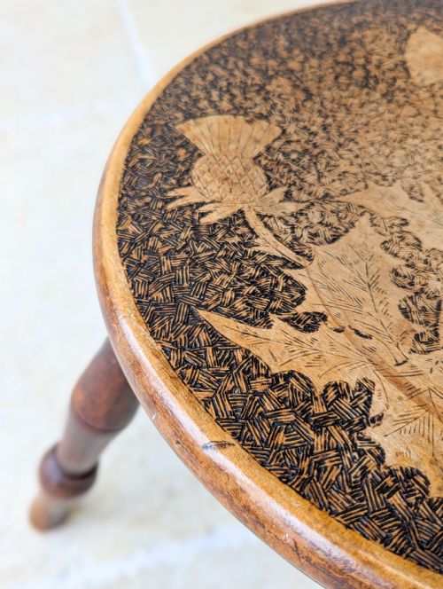 fig 3. Antique Late Victorian Beech and Ash Pokerwork Stool c.1890