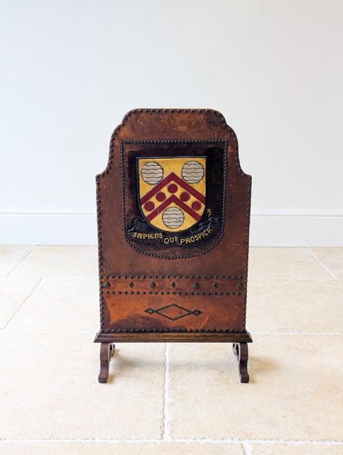 fig 1. Antique Oak & Leather Malvern College Heraldic Fire Screen c.1920
