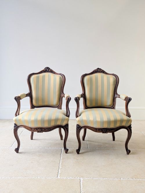 fig 1. Pair of Antique Victorian Walnut Louis XV Style Open Armchairs c.1880