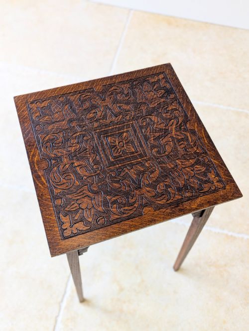 ANTIQUE ARTS CRAFTS CARVED OAK OCCASIONAL TABLE C1900 - ADDITIONAL PHOTO 1