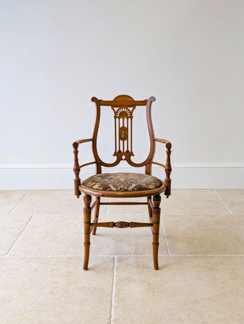 ANTIQUE VICTORIAN SATINWOOD LYREBACK ELBOW CHAIR C1890 - ADDITIONAL PHOTO 1