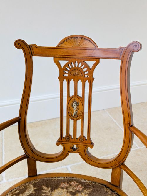 ANTIQUE VICTORIAN SATINWOOD LYREBACK ELBOW CHAIR C1890 - ADDITIONAL PHOTO 2