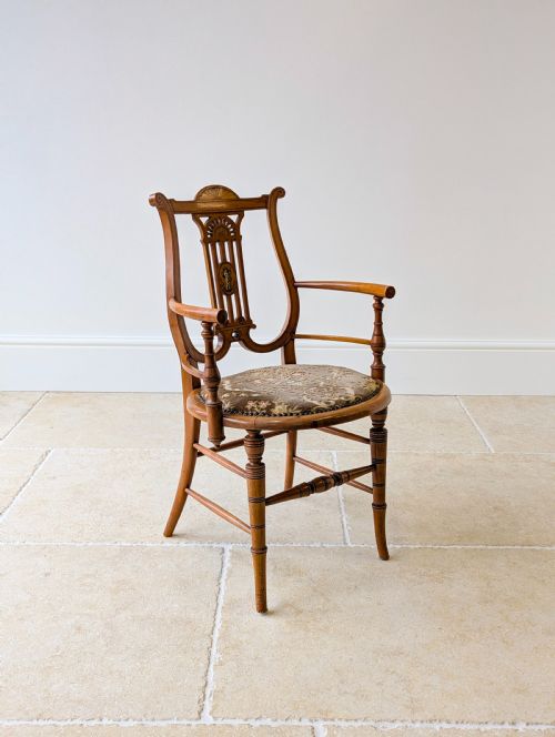 ANTIQUE VICTORIAN SATINWOOD LYREBACK ELBOW CHAIR C1890 - ADDITIONAL PHOTO 5