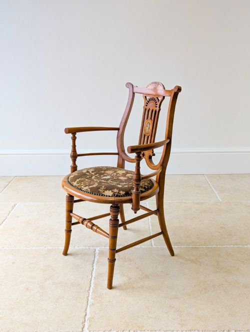 ANTIQUE VICTORIAN SATINWOOD LYREBACK ELBOW CHAIR C1890 - ADDITIONAL PHOTO 8