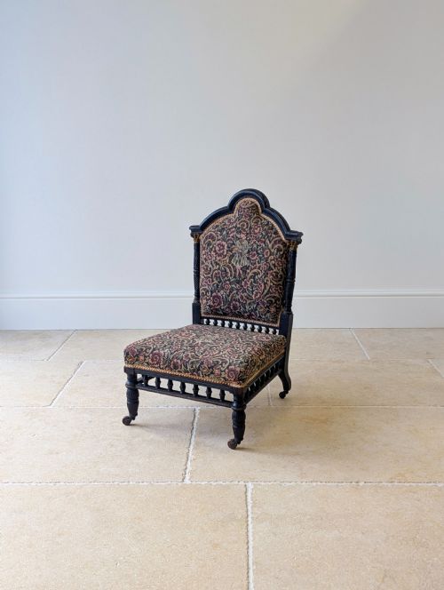 ANTIQUE VICTORIAN EBONISED UPHOLSTERED LOW CHAIR C1890 - ADDITIONAL PHOTO 6