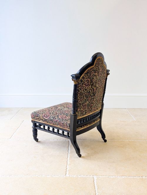 ANTIQUE VICTORIAN EBONISED UPHOLSTERED LOW CHAIR C1890 - ADDITIONAL PHOTO 10