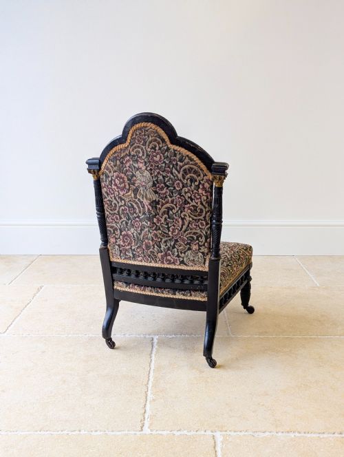 ANTIQUE VICTORIAN EBONISED UPHOLSTERED LOW CHAIR C1890 - ADDITIONAL PHOTO 11