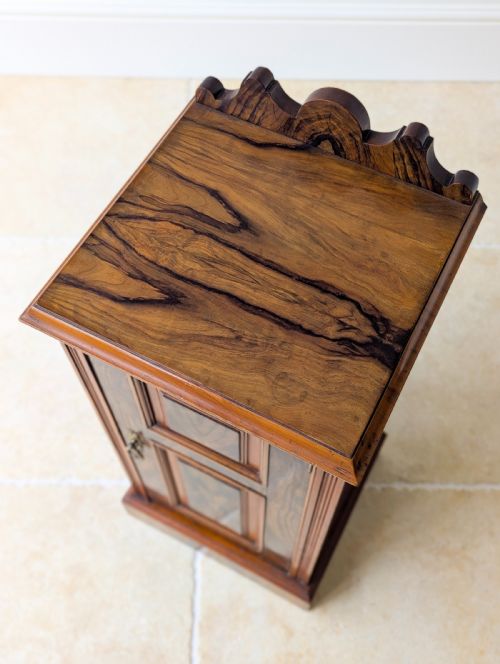 fig 1. A late Victorian mahogany and exotic wood bedside cupboard featuring a carved top gallery, panelled door with brass drop handle, and a solid plinth base.