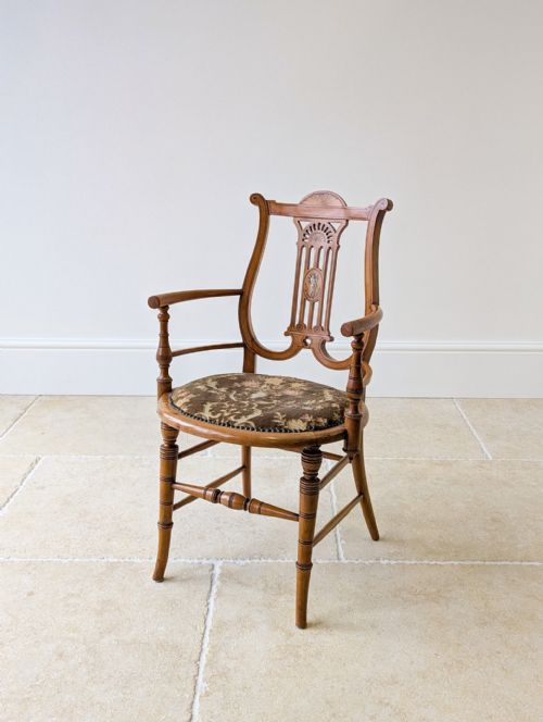 Antique Victorian Satinwood Sheraton Revival Lyre-back Desk Chair C.1890