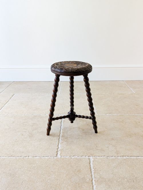 Antique Victorian Carved Oak Tripod Stool C.1890