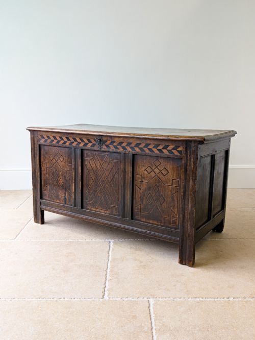Antique Charles II West Yorkshire Inlaid Oak Coffer C.1680