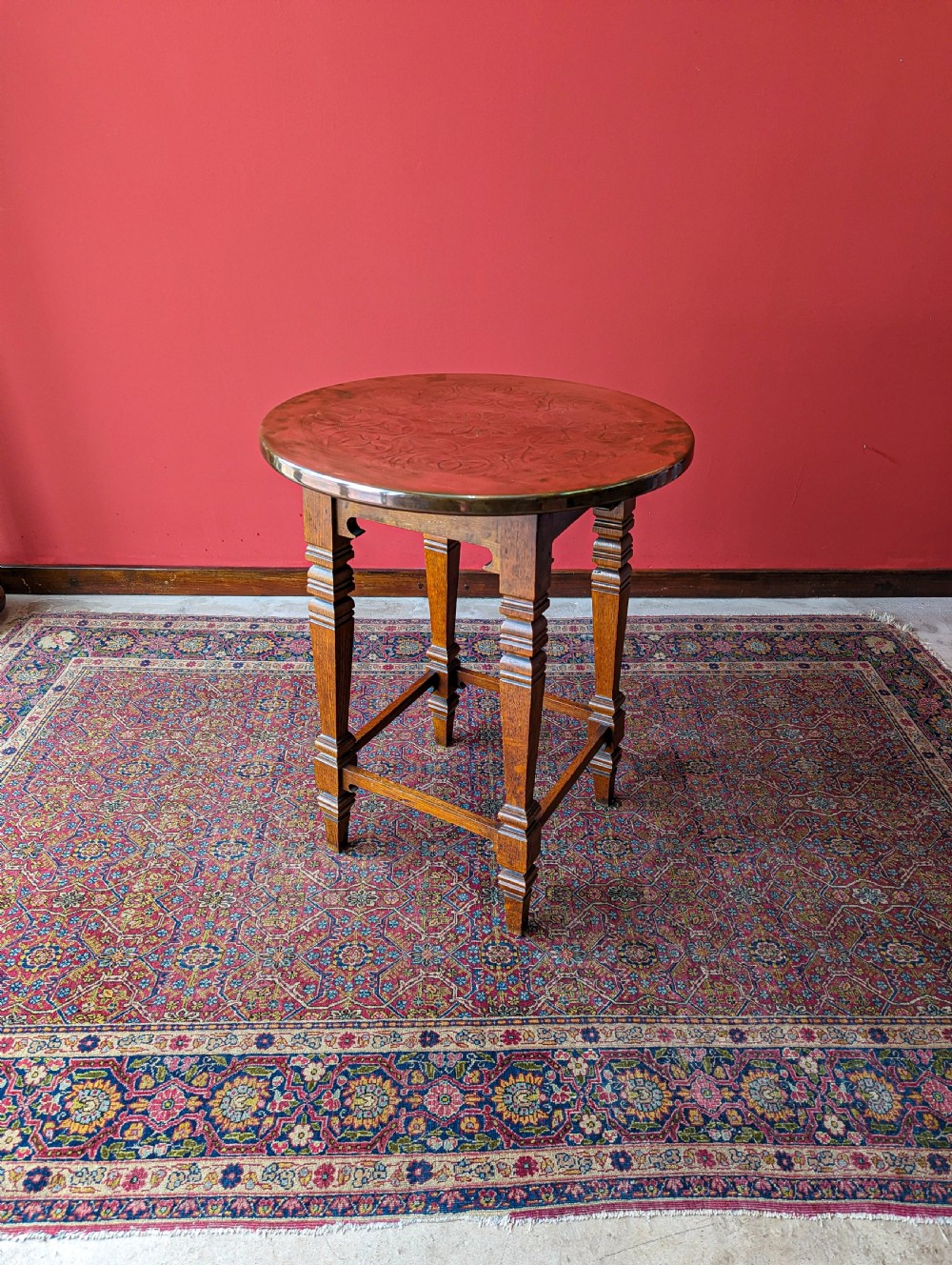 Antique Arts & Crafts Oak Copper Topped Circular Table