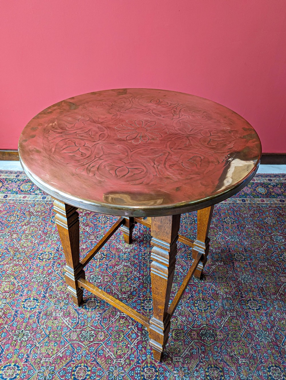 Antique Arts & Crafts Oak Copper Topped Circular Table View II
