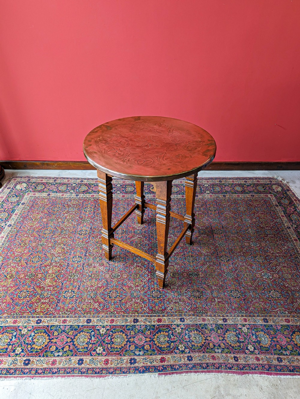 Antique Arts & Crafts Oak Copper Topped Circular Table View V
