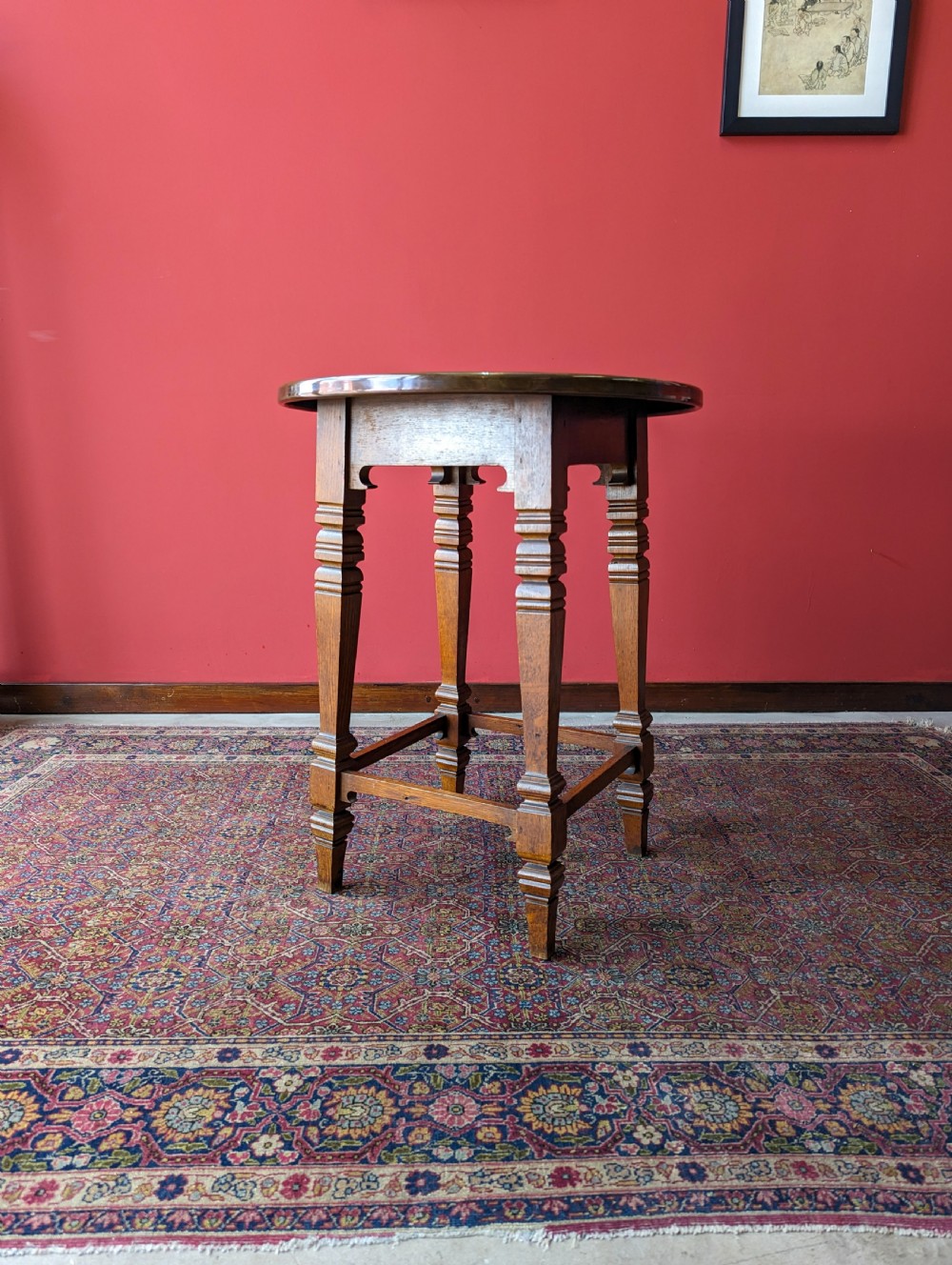 Antique Arts & Crafts Oak Copper Topped Circular Table View VI