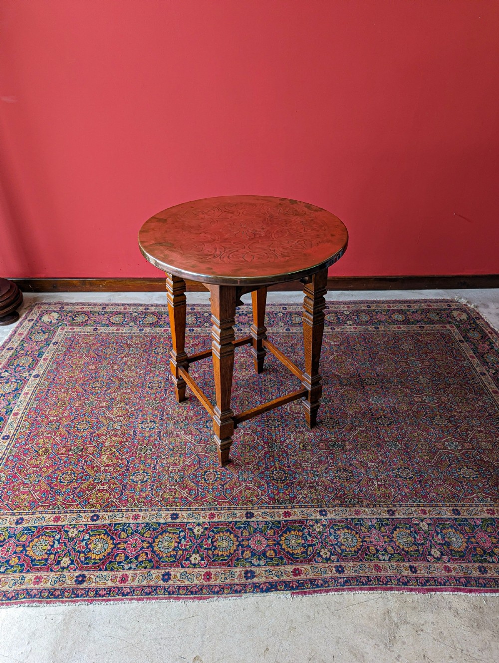 Antique Arts & Crafts Oak Copper Topped Circular Table View VII