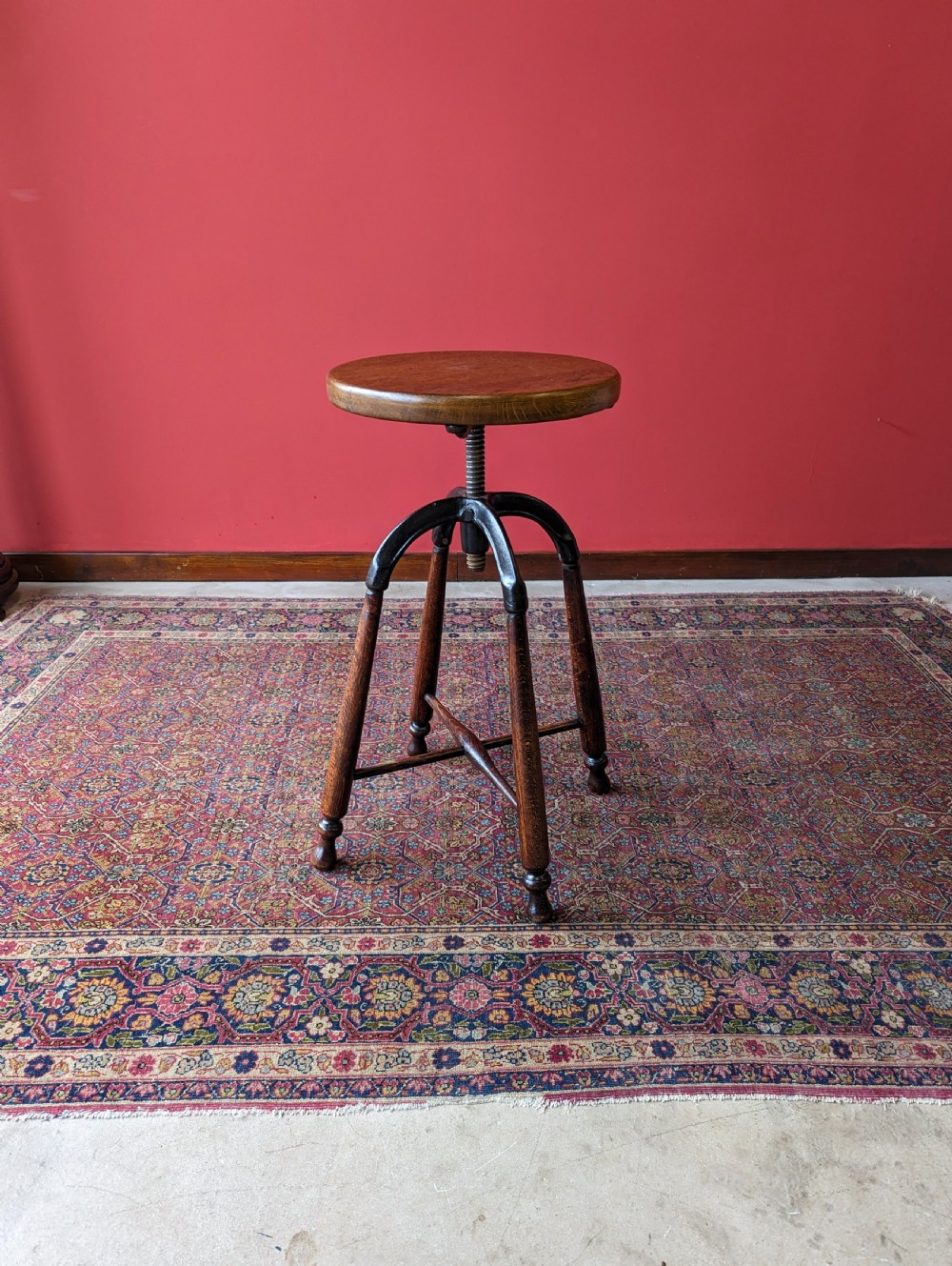Antique Industrial Oak & Cast Iron Swivel Stool