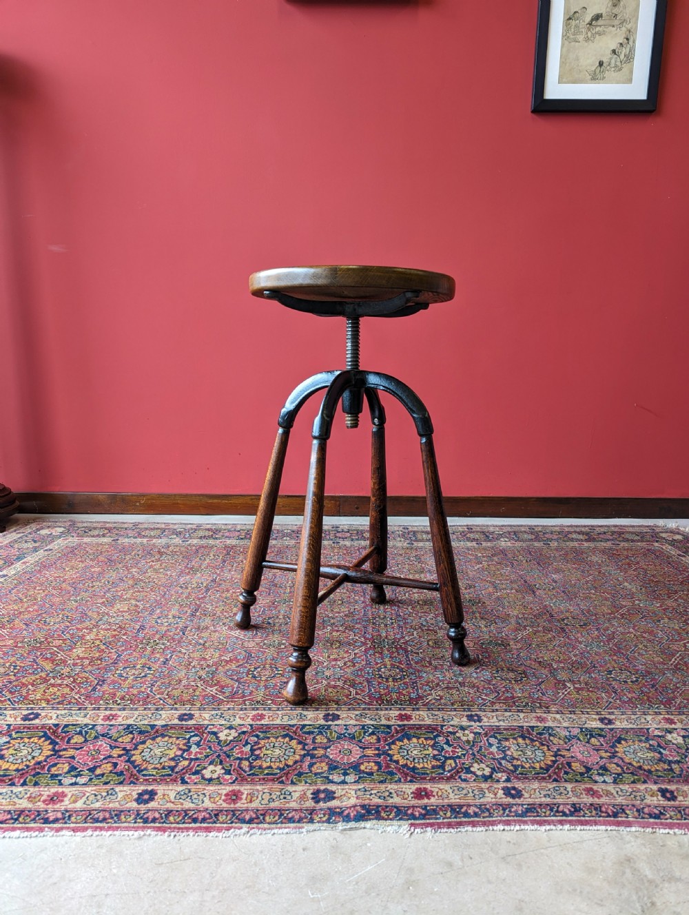 Antique Industrial Oak & Cast Iron Swivel Stool View II