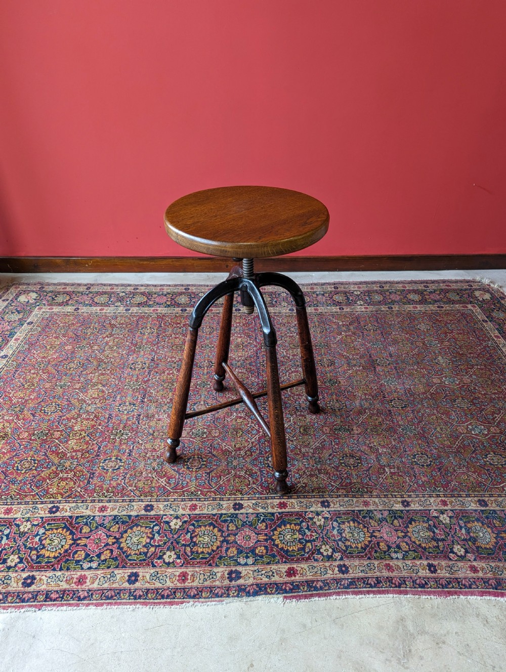 Antique Industrial Oak & Cast Iron Swivel Stool View III