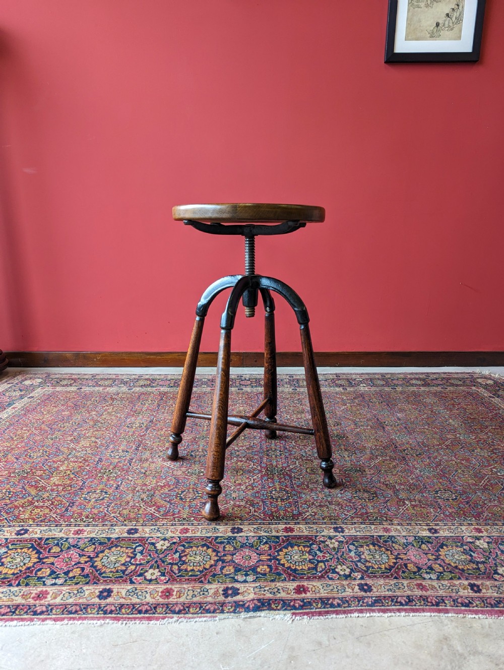 Antique Industrial Oak & Cast Iron Swivel Stool View VI