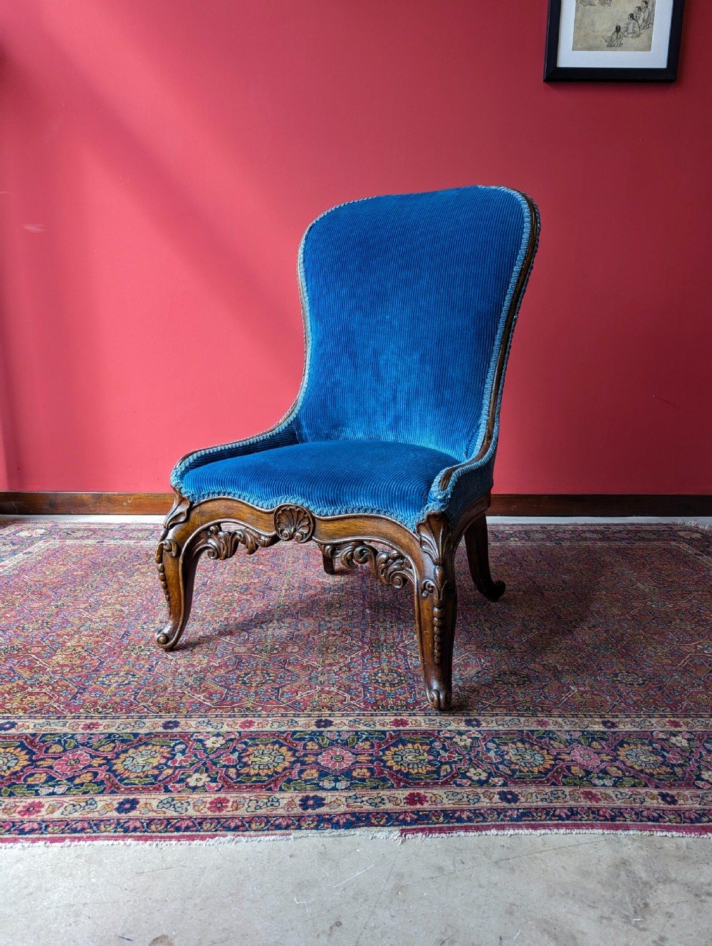 Antique Victorian Carved Mahogany Upholstered Lounge Chair