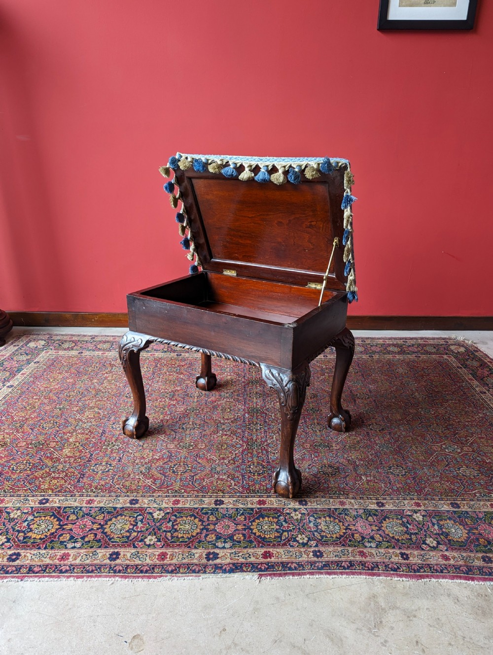 Antique Victorian Mahogany Tapestry Seat Piano Stool with Storage View IV
