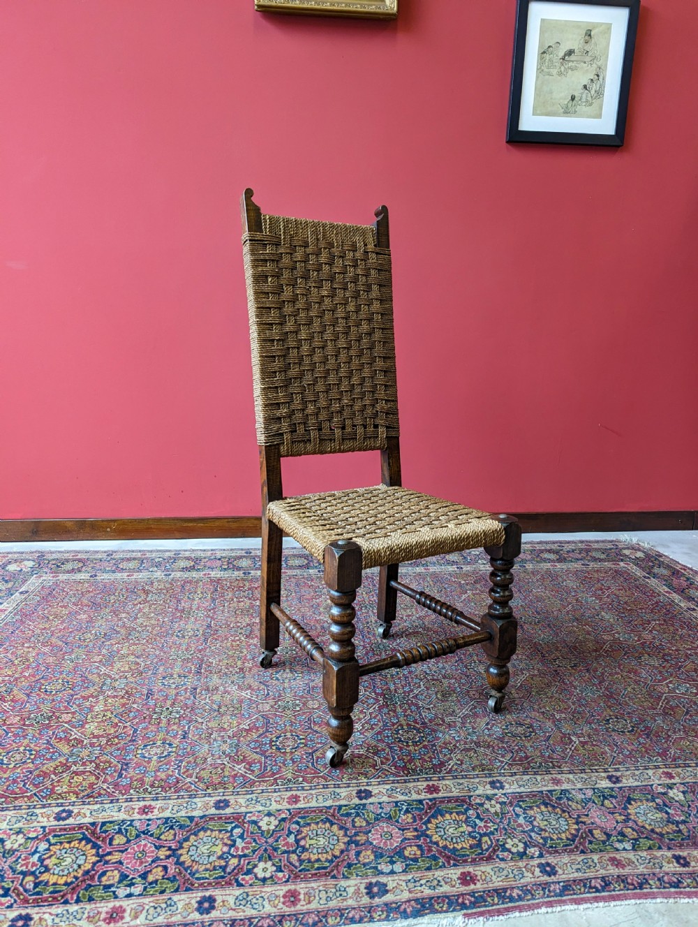Antique Arts & Crafts Woven Oak Bobbin Side Chair Circa 1900 View III