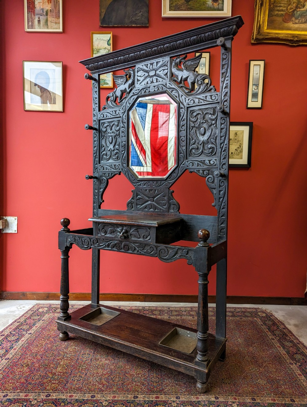 Antique Victorian Ebonised Carved Oak Welsh Hall Stand