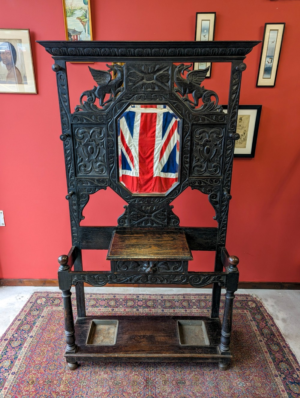 Antique Victorian Ebonised Carved Oak Welsh Hall Stand View II