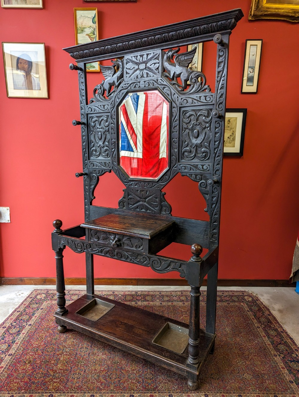 Antique Victorian Ebonised Carved Oak Welsh Hall Stand View III