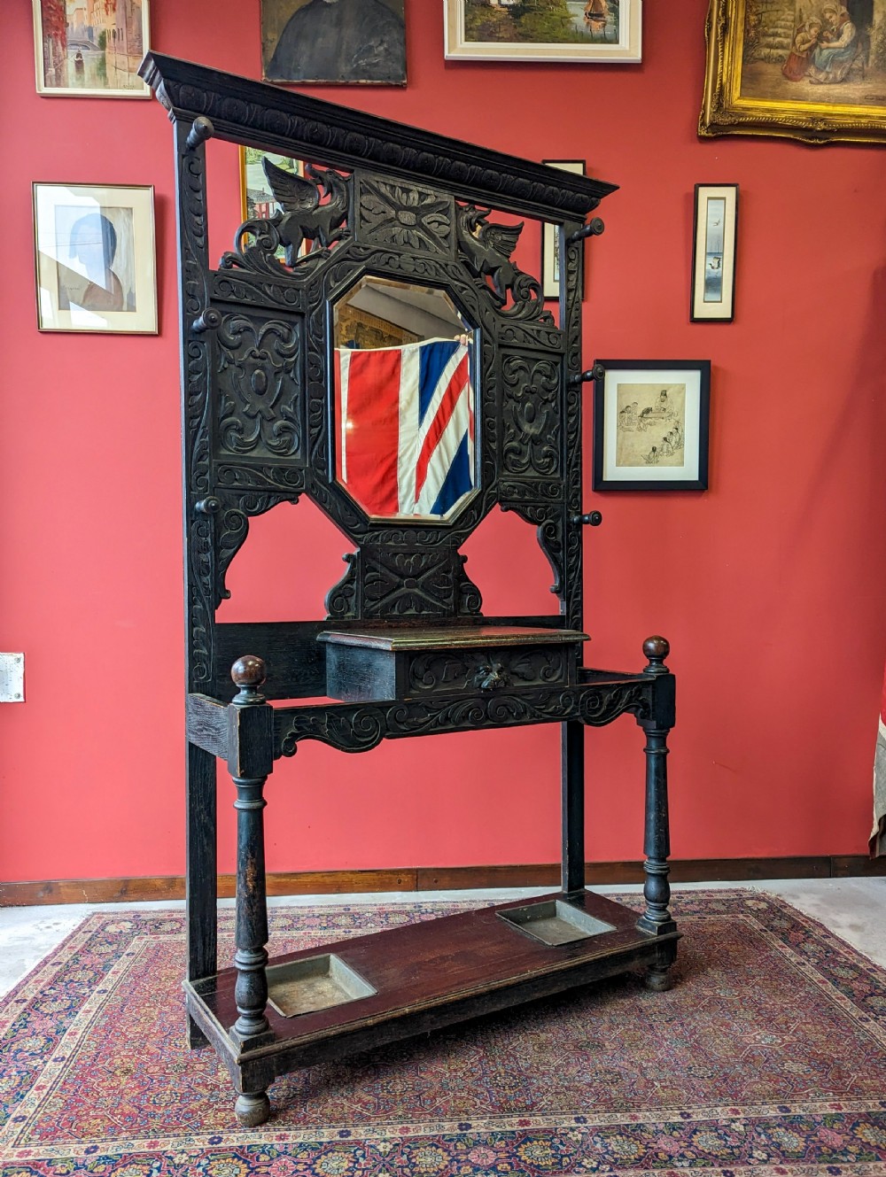 Antique Victorian Ebonised Carved Oak Welsh Hall Stand View IV