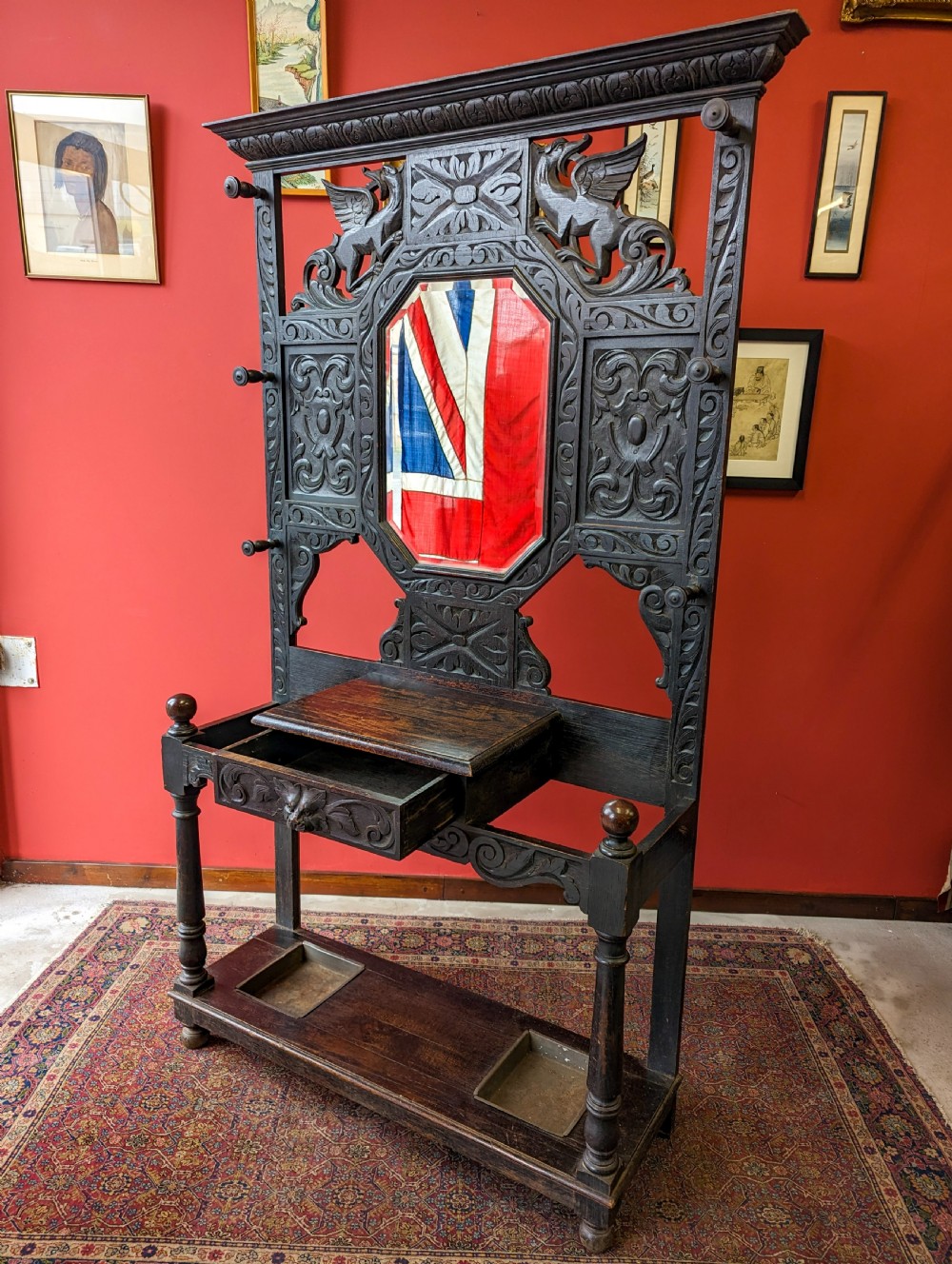 Antique Victorian Ebonised Carved Oak Welsh Hall Stand View V