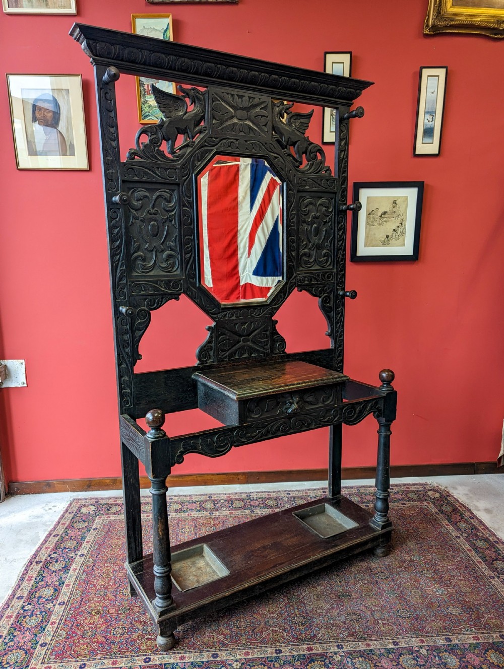 Antique Victorian Ebonised Carved Oak Welsh Hall Stand View VI