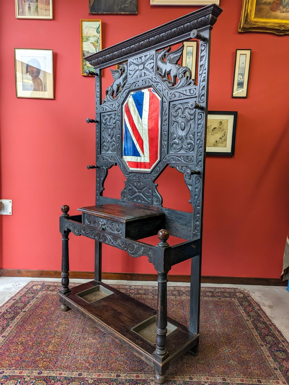 Antique Victorian Ebonised Carved Oak Welsh Hall Stand View VII