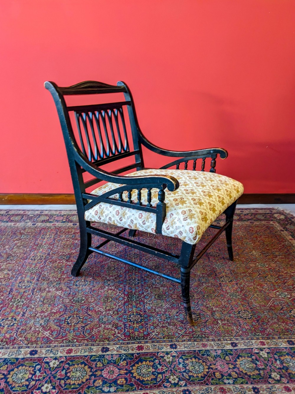 Antique 19th Century Ebonised Mahogany Aesthetic Movement Armchair View V