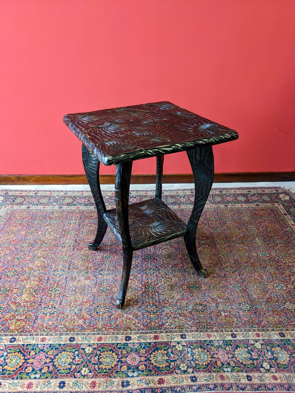 Antique Japanese Style Floral Carved Aesthetic Side Table By Liberty & Co