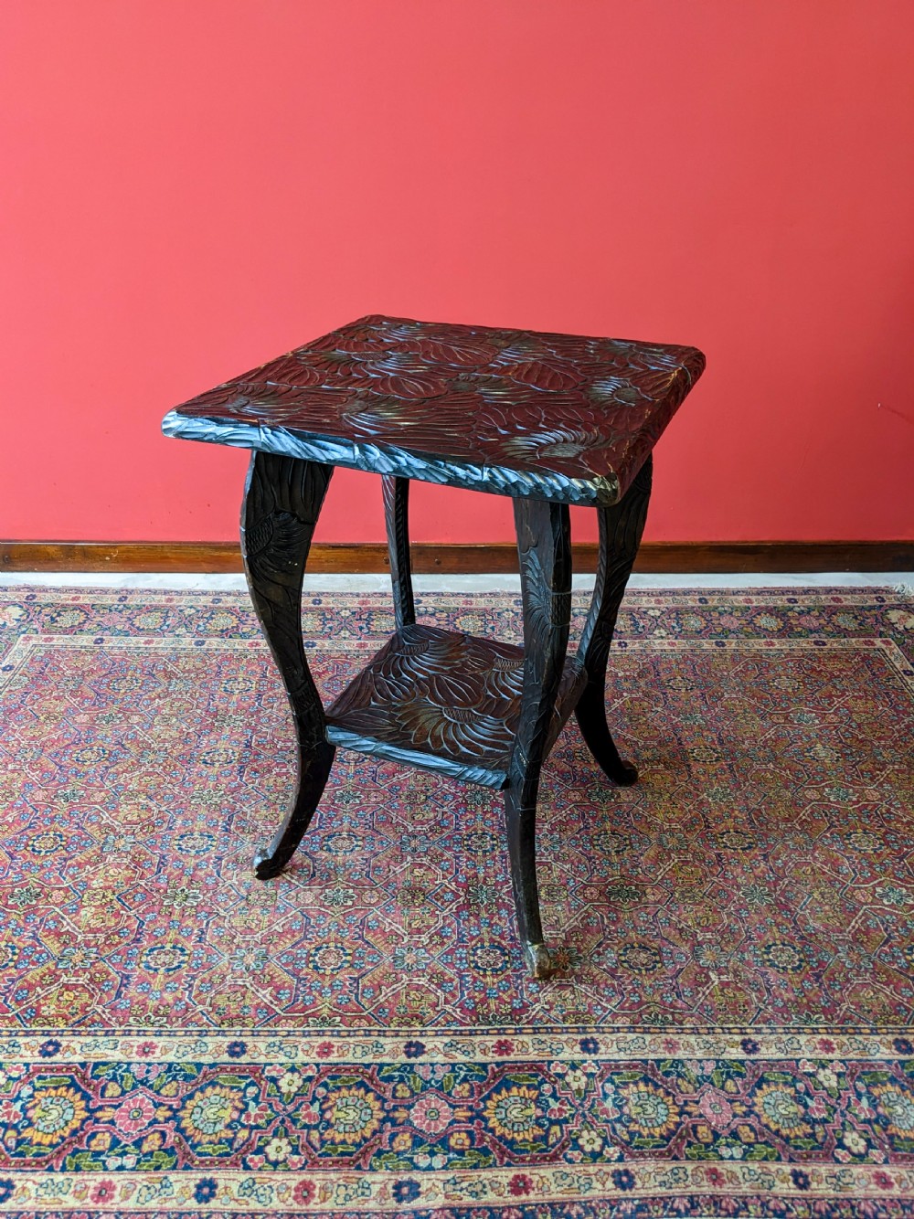 Antique Japanese Style Floral Carved Aesthetic Side Table By Liberty & Co View II