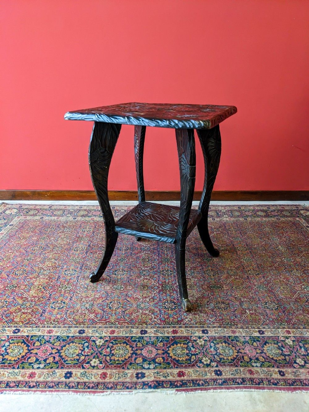 Antique Japanese Style Floral Carved Aesthetic Side Table By Liberty & Co View III