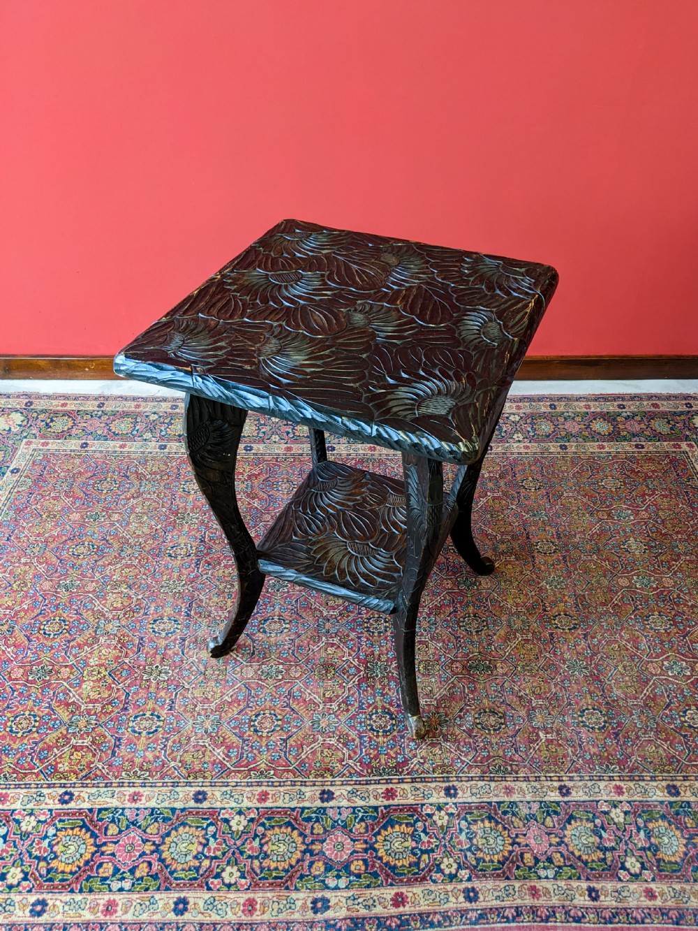 Antique Japanese Style Floral Carved Aesthetic Side Table By Liberty & Co View VII