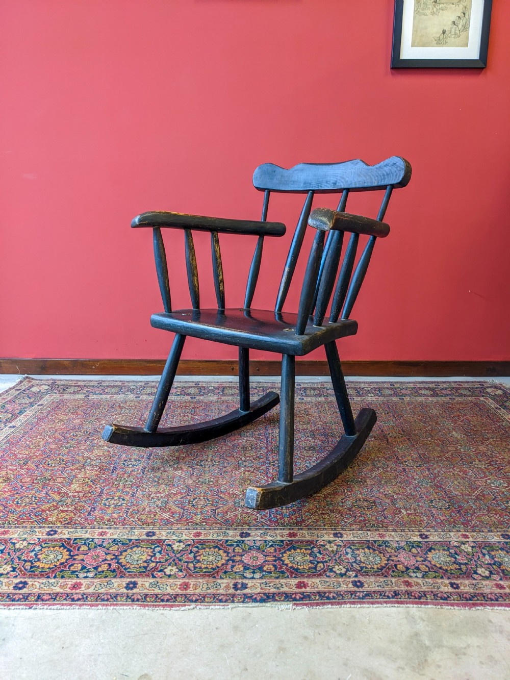 Antique Early 20th Century Ebonised Stickback Rocking Chair