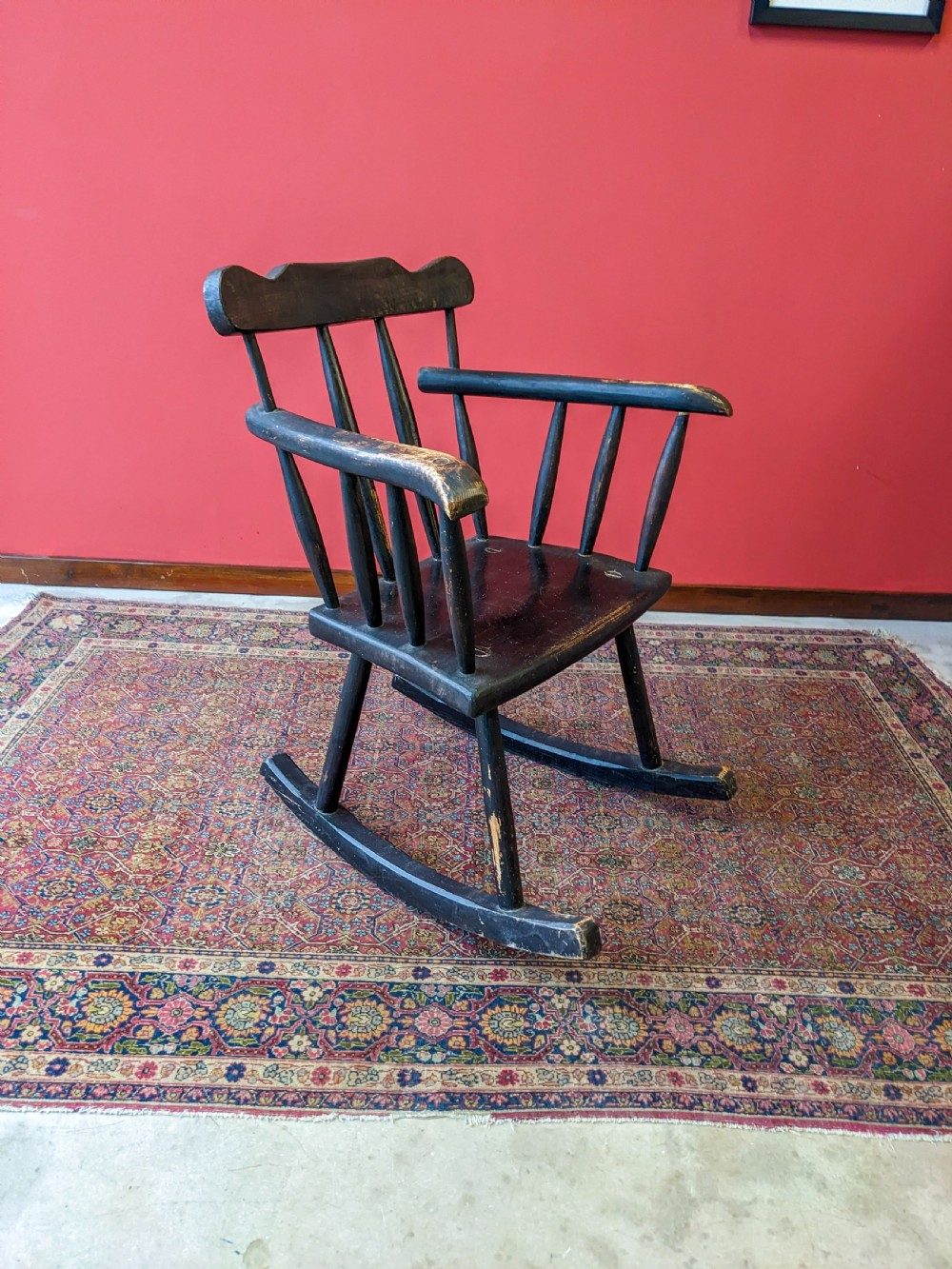 Antique Early 20th Century Ebonised Stickback Rocking Chair View IV