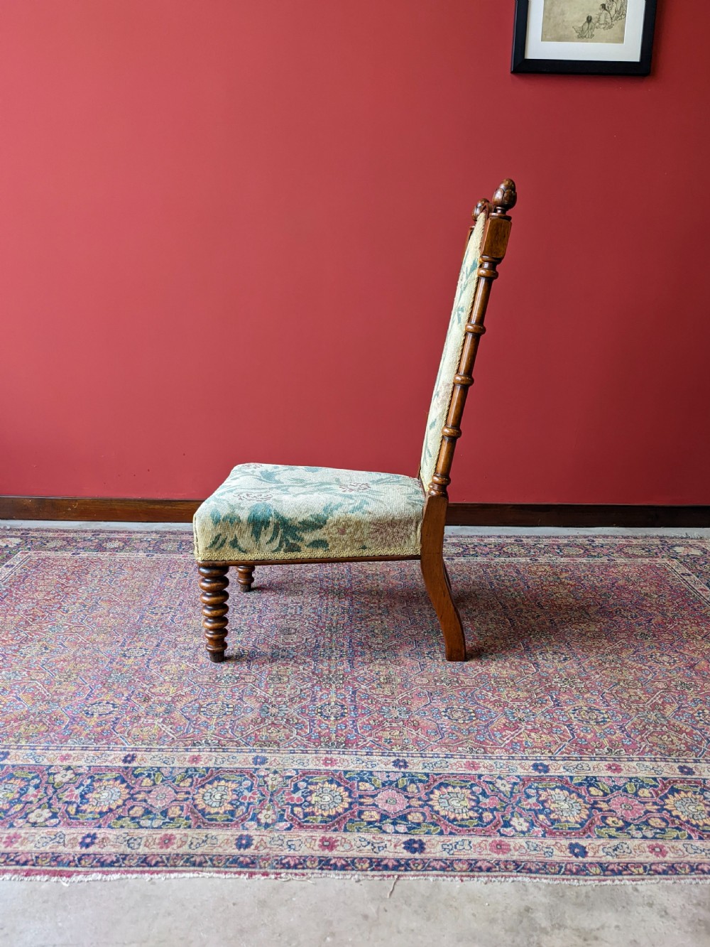 Antique Victorian Walnut Bobbin Leg Tapestry Side Chair View V