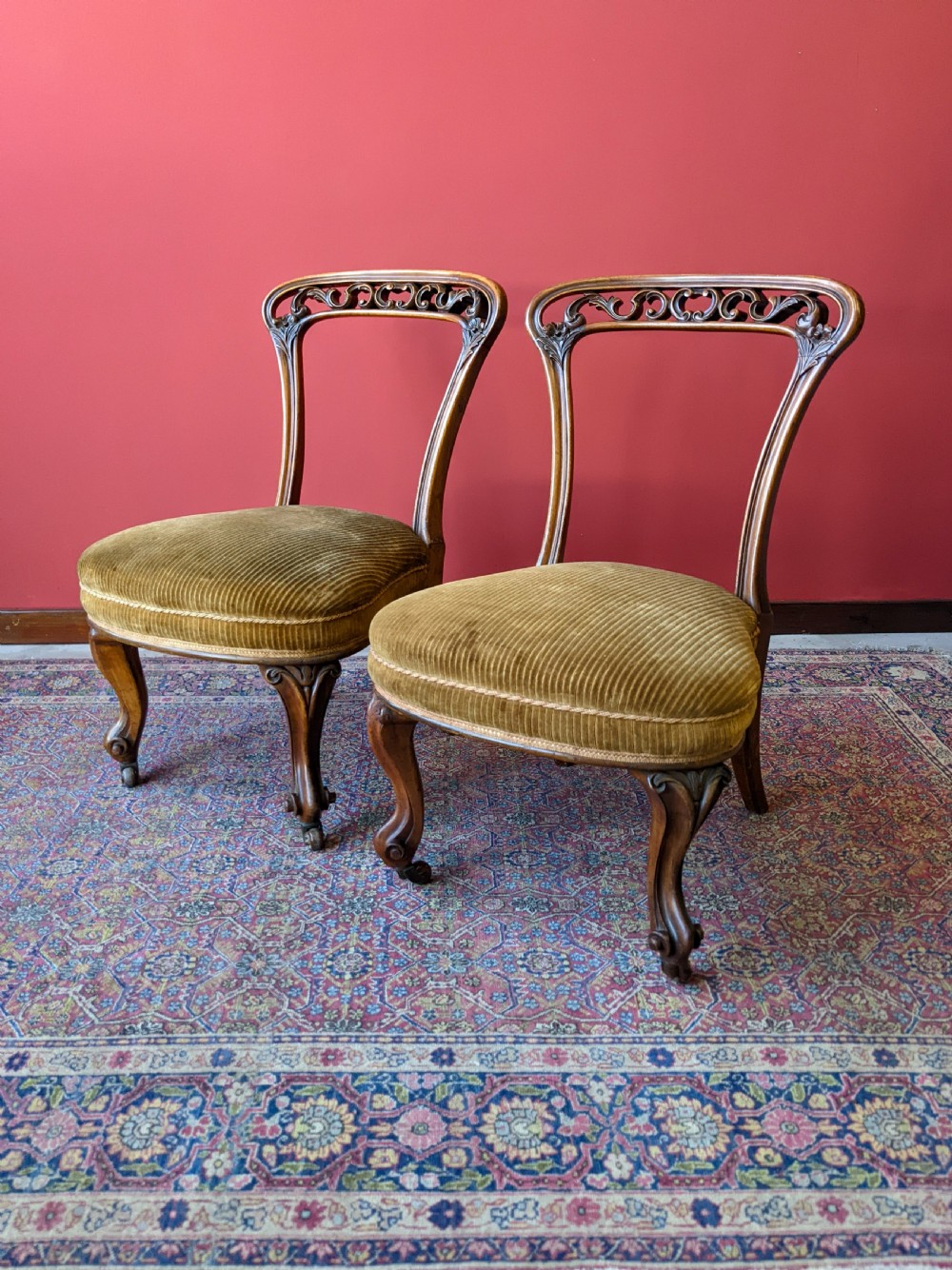 Pair of Antique Victorian Carved Walnut Side Chairs